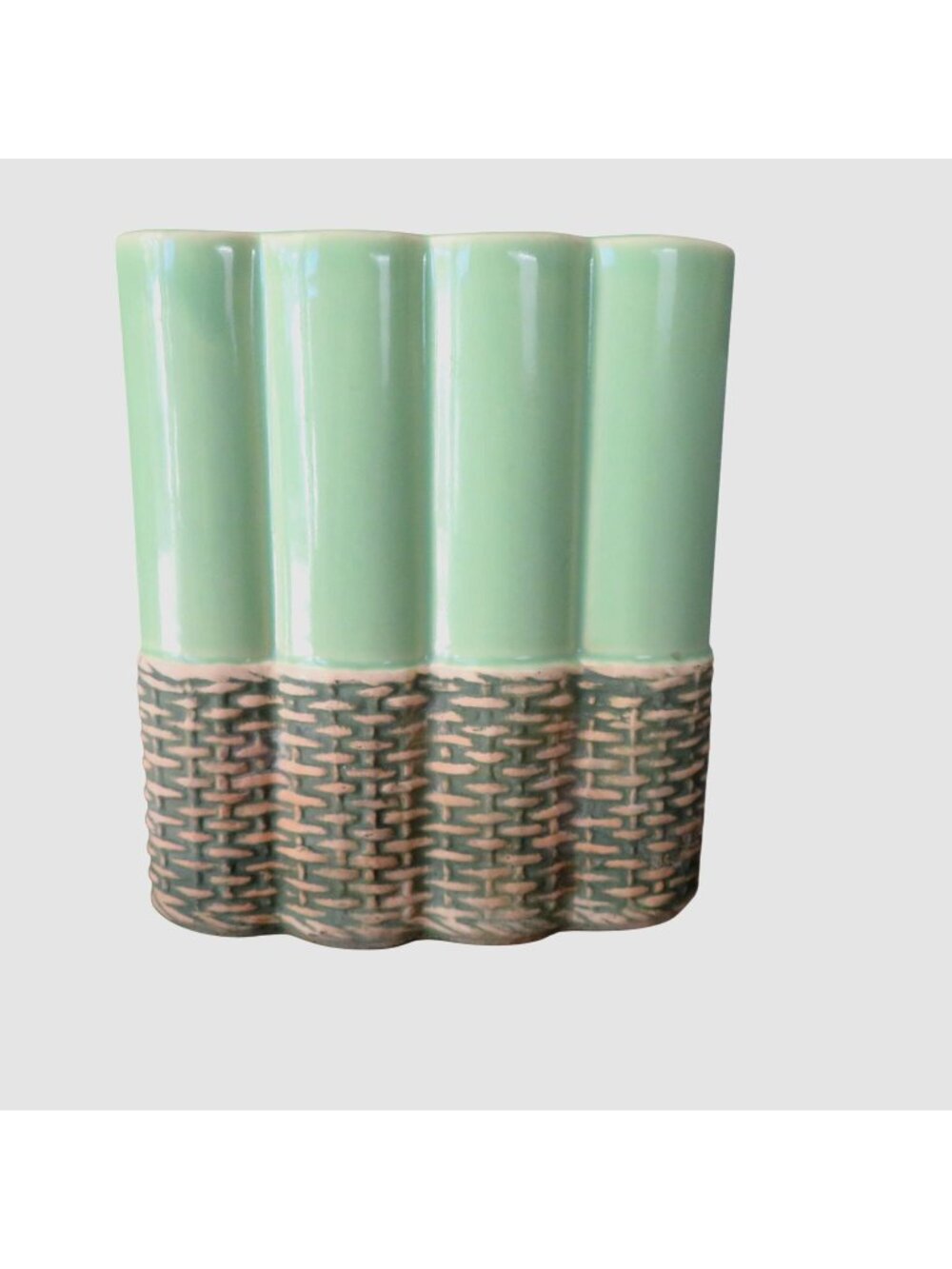 Vintage McCoy Green Bamboo-Style Ceramic Vase Woven Basket Design USA Made MCM